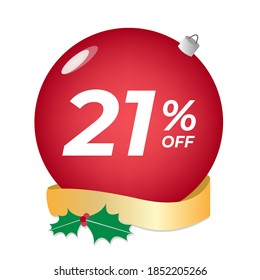 21% off. Twenty-one percent discount. Christmas sale banner. Red bubble with ornaments on a white background vector.