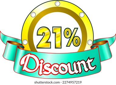 21% off, yellow disk and green ribbon, vector illustration for wholesale and retail, illustrative art, beautiful illustration, vector. God is good!