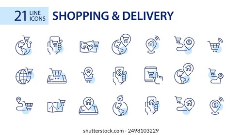 21 Online-Shopping und weltweite Home-Delivery-Symbole. Perfekte Pixel, bearbeitbare Strichgrafik