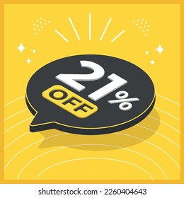 21 percent off. 3D floating balloon with promotion for sales on yellow background