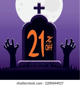 21 percent off. tomb with the phrase "21% off" and with zombie hands coming out of the ground. main color is purple