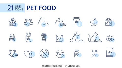 21 iconos de comida para mascotas. Gatos y perros comiendo, cuencos, dieta vegetariana, tienda de suministros, etc. Pixel perfecto, trazo editable