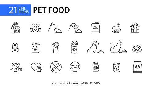 21 pet food icons. Cats and dogs eating, bowls, vegetarian diet, supply store etc. Pixel perfect, editable stroke line