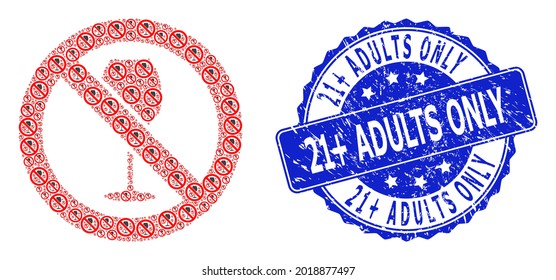 21 plus Adults Only scratched round seal print and vector fractal collage forbidden wine. Blue stamp seal includes 21 plus Adults Only text inside round shape.