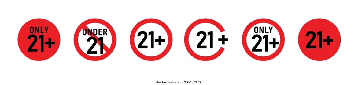 21 Plus Sign Set. Twenty One. For Adults Only. Age Restrictions, Censorship. Icon For Content, Movies, Alcohol, Clubs And Bars.