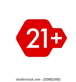 21 plus years old icon vector set. Adults content. 21 age restriction signs. Twenty one plus years sticker, badge, hexagonal red label.