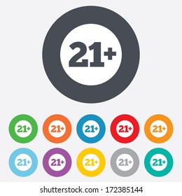 21 plus years old sign. Adults content icon. Round colourful 11 buttons. Vector