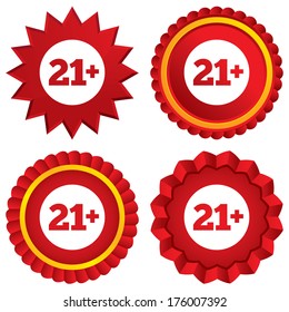 21 plus years old sign. Adults content icon. Red stars stickers. Certificate emblem labels. Vector