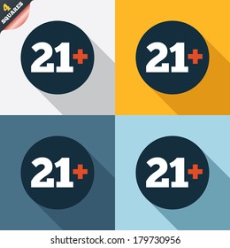 21 plus years old sign. Adults content icon. Four squares. Colored Flat design buttons. Vector