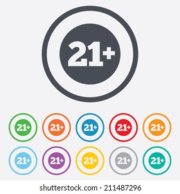 21 plus years old sign. Adults content icon. Round circle buttons with frame. Vector