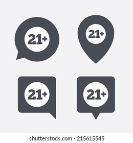 21 plus years old sign. Adults content icon. Map pointers information buttons. Speech bubbles with icons. Vector