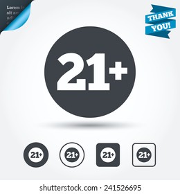 21 plus years old sign. Adults content icon. Circle and square buttons. Flat design set. Thank you ribbon. Vector