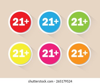 21 plus years old sign. Adults content icon. Circle buttons with long shadow. 6 icons set. Vector