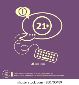 21 plus years old sign. Adults content icon and keyboard design elements. Line icons for application development, web page coding and programming, creative process