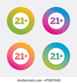 21 plus years old sign. Adults content icon. Gradient flat buttons with icon. Modern design. Vector