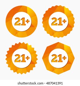 21 plus years old sign. Adults content icon. Triangular low poly buttons with flat icon. Vector