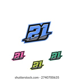 21 Racing Number with a Dynamic and Eye-Catching Look, Displaying Numbers in a Bold and Aggressive Style. The font is typical of automotive graphics and sports branding. Isolated on white background.