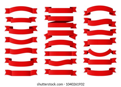 21 Red ribbons on white background, horizontal banners set, vector eps10 illustration