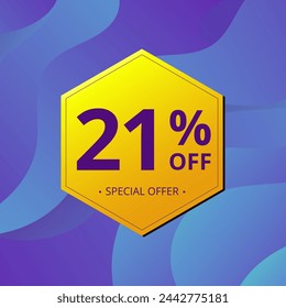 21% Sale and Discount Label. Twenty one percent Sale Discount label Geometric design. Abstract Blue and Yellow Hexagon. Vector illustration.