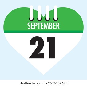 21 September calendar icon green heart shape on light sky blue color background, calendar vector symbol for the month of September.