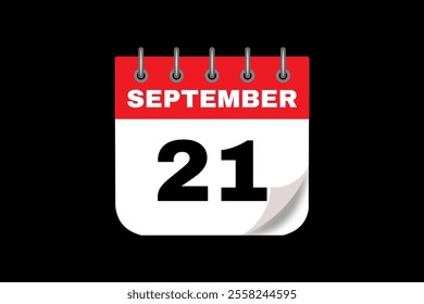 21 September calendar icon text page monthly web design on red, white and black background vector, icon, or illustration with the month of September 21