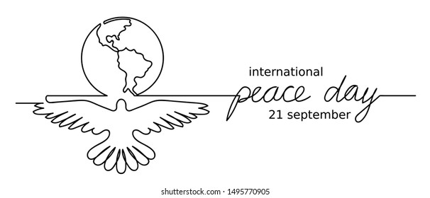 21 september Peace day. Dove and earth vector sign. Simple one single line drawing.