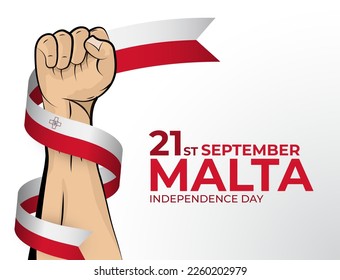 21. September. Vektorgrafik von Happy Independence Day Grußkarte für das Land Malta mit geklonten Fäusten und einem Flaggenband. Verwendung für Banner auf weißem Hintergrund.