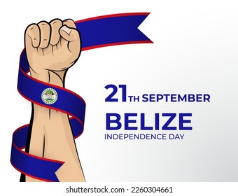 21 September. Vector illustration of Happy Independence Day greeting card for the country of Belize with clenched fists and a flag ribbon. Use for banners on a white background.