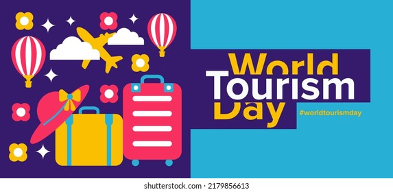 21 September World tourism day greeting card, poster, isolated geometric vector