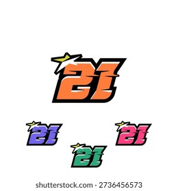 21 Speed Number with a Strong and Memorable Design, Featuring Bold and Aggressive Numbers. The font is dynamic, thick, and angular, typical of sports brands and racing teams. Isolated on white background.