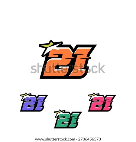 21 Speed Number with a Strong and Memorable Design, Featuring Bold and Aggressive Numbers. The font is dynamic, thick, and angular, typical of sports brands and racing teams. Isolated on white background.