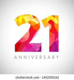 21 st anniversary numbers. 21 years old multicolored logotype. Age congrats, congratulation art idea. Isolated abstract graphic design template. Coloured digits. Up to 12 %, 21% percent off discount.