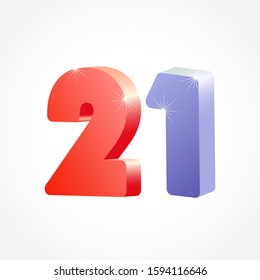 21 st anniversary numbers. 21 years old coloured logotype. Age congrats, congratulation idea. Isolated abstract graphic design template. Creative 2, 1 3D digits. Up to 21%, -21% percent off discount.