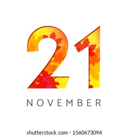 21 st of November calendar numbers. 21 years old autumn logotype. Anniversary digits with leaves. Isolated abstract graphic design template. White background. Up to 21% percent off creative discount.