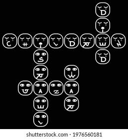 21 vector illustration faces of alphabetical cartoons that each have different the shape of mouth. Their mouths like letters C,H,I,L,D,R,E,N,S,A,L,G,Z,W. on the black background.
