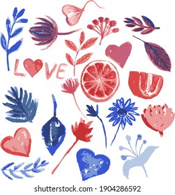 21 watercolor vector set, red grapefruit with hearts and leaves and flowers, love lettering