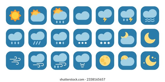 21 weather icons set. Good for web, apps, stickers. Isolated vector on white background.	