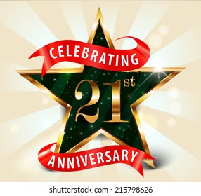 21 year anniversary celebration golden star ribbon, celebrating 21st anniversary decorative golden invitation card - vector eps10