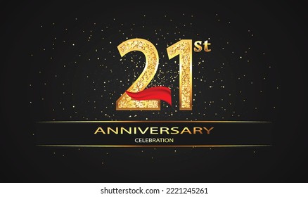 21 Year Anniversary celebration Vector Design with red ribbon and glitter. 21st Anniversary celebration. Gold Luxury Banner of 21st Anniversary. celebration card