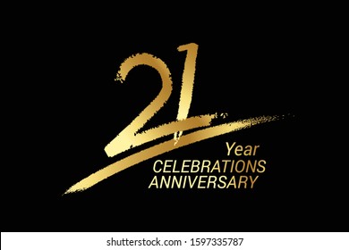 21 year anniversary chalk, golden ink Style , minimalist logo. years, jubilee, greeting card. Birthday invitation sign. Black space vector illustration on black background - Vector