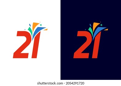Diseño del logo de fuegos artificiales en 21 años. Celebración del número con una chispa colorida. Icono simple para el carnaval o festival
