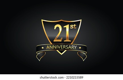 21 year anniversary logo with golden shield and ribbon. Dark concept anniversary. 21st Anniversary celebration background. twenty-first anniversary banner vector