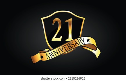 21 year anniversary logo with golden shield and ribbon. Dark elegant concept anniversary. 21st Anniversary celebration background. twenty-first anniversary banner vector