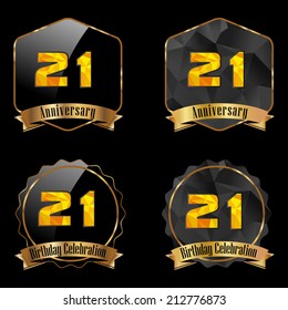 21 year birthday celebration golden label, 21st anniversary decorative polygon golden emblem - vector illustration eps10