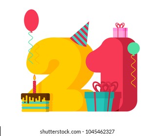 21 Year Birthday Sign. 21th Template Greeting Card Anniversary Celebration. Twenty-one Number And Festive Piece Of Cake With Candle. Balloon And Gift Box.
