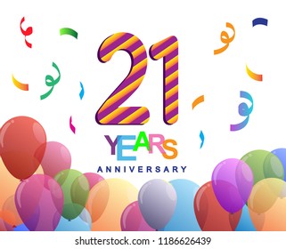 21 years anniversary celebration with colorful balloons and confetti, colorful design for greeting card birthday celebration