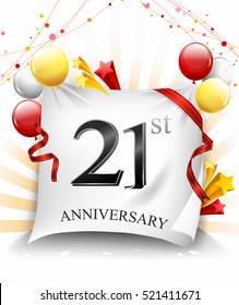 21 Years Anniversary Celebration Design on cloth, with star and balloons, Colorful Vector template elements for your birthday party.