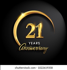 21 years anniversary celebration. Anniversary logo with ring and elegance golden color isolated on black background, vector design for celebration, invitation card, and greeting card