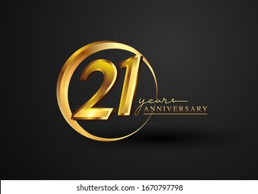 21 Years Anniversary Celebration. Anniversary logo with ring and elegance golden color isolated on black background, vector design for celebration, invitation card, and greeting card