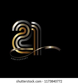 21 years anniversary celebration logotype with line number gold and silver color isolated on black color. vector anniversary for celebration, invitation card, and greeting card